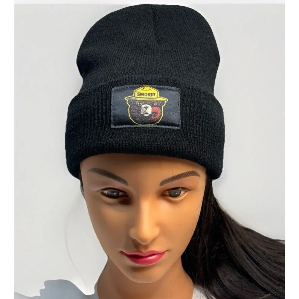 Smokey Bear Black Knit Beanie Hat Cuffed Winter Cap Forest Service Logo